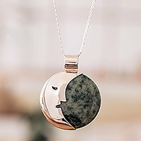 Jade pendant necklace, 'Dreamy Moonlight' - Reversible Moon-Themed Green Jade Pendant Necklace