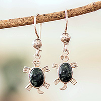 Jade dangle earrings, 'Dark Green Turtles' - High-Polished Dark Green Jade Sea Turtle Dangle Earrings