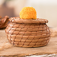 Pine needle basket, 'Treasures in Marigold' - Handwoven Pine Needle Basket with Marigold Cotton Pompom