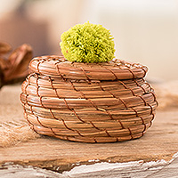 Pine needle basket, 'Treasures in Kiwi' - Handwoven Pine Needle Basket with Kiwi Cotton Pompom