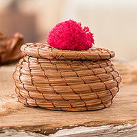 Pine needle basket, 'Treasures in Azalea' - Handwoven Pine Needle Basket with Azalea Cotton Pompom