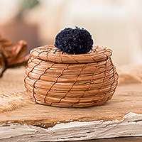 Pine needle basket, 'Treasures in Navy' - Handwoven Pine Needle Basket with Navy Cotton Pompom