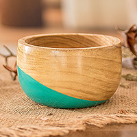 Wood dessert bowl, 'Sweet Aqua' - Dip Painted Hand-Carved Wood Dessert Bowl in Aqua Shade