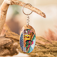 Wood keychain, 'Guatemalan Charm' - Hand-Carved Painted Wood Keychain with Antigua Street Motif