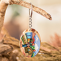 Wood keychain, 'San Juan Comalapa Charm' - Pinewood Keychain with Hand-Painted Guatemalan Woman Motif