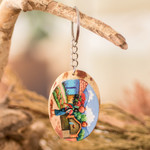 Wood keychain, 'San Juan Comalapa Charm' - Pinewood Keychain with Hand-Painted Guatemalan Woman Motif