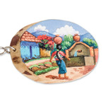 Wood keychain, 'San Juan Comalapa Charm' - Pinewood Keychain with Hand-Painted Guatemalan Woman Motif