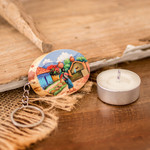 Wood keychain, 'San Juan Comalapa Charm' - Pinewood Keychain with Hand-Painted Guatemalan Woman Motif