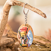 Wood keychain, 'Countryside Charm' - Pinewood Keychain with Hand-Painted Guatemalan Farmer Motif