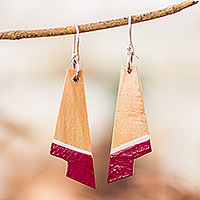 Wood dangle earrings, 'Eco-Conscious Minimalism' - Eco-Friendly Hand-Painted Reclaimed Wood Dangle Earrings