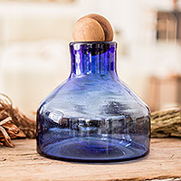 Blown glass carafe, 'Blue Waters' - Handblown Recycled Glass Carafe in Blue with Wooden Stopper