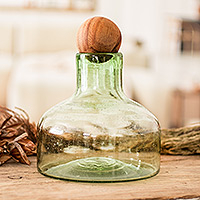 Blown glass carafe, 'Verdant Waters' - Handblown Recycled Glass Carafe in Green with Wooden Stopper