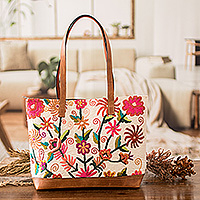 Leather-accented cotton tote bag, Blooming Nature