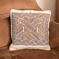 Cotton cushion cover, 'Mighty Deity Kot' - Cotton Cushion Cover with Two-Headed Maya Eagle Deity Motif