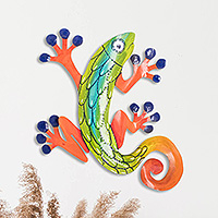 Steel wall art, 'Lovely Lizard' - Colorful Hand-Painted Tropical Lizard Steel Wall Art