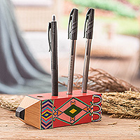 Wood pen holder, 'Folk Words' - Traditional Guatemalan-Made Pen Holder in a Lacquered Finish