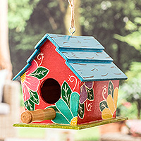 Wood birdhouse, 'Primaveral Chants' - Classic Hand-Painted Floral Wood Birdhouse Made in Guatemala