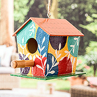 Wood birdhouse, 'Enchanted Life' - Hand-Painted Leafy Multicolor Wood Birdhouse from Guatemala