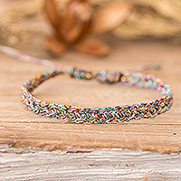 Macrame wristband bracelet, 'Chromatic Symphony' - Grey Pink Light Blue Golden-Hued Macrame Wristband Bracelet