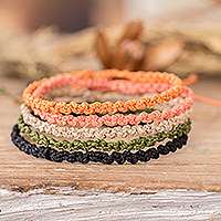 Macrame wristband bracelets, 'Sublime Shades' (set of 5) - 5 Macrame Bracelets in Black Beige Orange Green and Pink