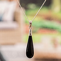 Jade pendant necklace, 'Black Jungle Dewdrop' - Guatemalan Black Teardrop Jade and Silver Pendant Necklace