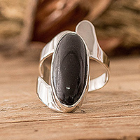 Jade cocktail ring, 'Black Lake' - Modern Guatemalan Black Jade Sterling Silver Cocktail Ring