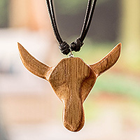 Men’s wood pendant necklace, 'Nocturnal Bull' - Adjustable Men’s Wood Pendant Necklace with Bull Head Motif