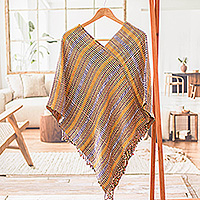 Cotton poncho, 'Path to Joy' - Handloomed Striped Fringed Cotton Poncho Woven in Guatemala