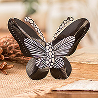 Steel wall art, 'Flutter in the Night' - Hand-Painted Butterfly-Shaped Black and White Steel Wall Art