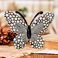 Steel wall art, 'Flutter in the Moonlight' - Speckled Butterfly-Shaped Steel Wall Art in Black and White