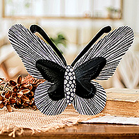 Steel wall art, 'Flutter in the Shadows' - Black and White Butterfly Steel Wall Art from El Salvador