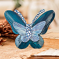 Steel wall art, 'Flutter in the Sky' - Hand-Painted Butterfly-Shaped Turquoise Blue Steel Wall Art