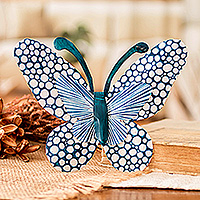 Steel wall art, 'Flutter in the Blue Moonlight' - Speckled Butterfly-Shaped Steel Wall Art in Turquoise Blue