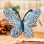Steel wall art, 'Flutter in the Blue Moonlight' - Speckled Butterfly-Shaped Steel Wall Art in Turquoise Blue