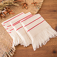 Cotton napkins, 'Table Charm' (set of 3) - 3 Ivory Red Striped Cotton Napkins Handwoven in El Salvador