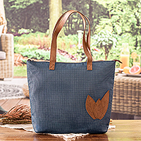 Faux leather-accented shoulder bag, 'Azure Fall' - Autumn-Themed Azure Blue Faux Leather-Accented Shoulder Bag