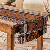 Cotton table runner, 'River Banks' - Handwoven Brown and Blue Striped 100% Cotton Table Runner