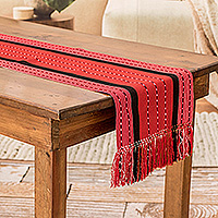 Cotton table runner, 'Flaming Paths' - Red and Black 100% Cotton Table Runner Woven in Guatemala