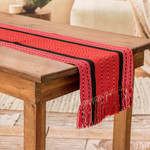 Cotton table runner, 'Flaming Paths' - Red and Black 100% Cotton Table Runner Woven in Guatemala
