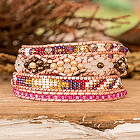 Crystal and glass beaded wrap bracelet, 'Encircling Glam' - Hand-Woven Beaded Floral Wrap Bracelet with Pewter Button