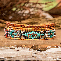 Crystal and glass beaded wrap bracelet, 'Geometric Spark' - Handwoven Beaded Brown Wrap Bracelet with Geometric Motifs