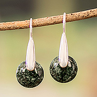 Jade drop earrings, 'Green Circle of Love' - Modern Green Jade Silver Drop Earrings with Circle Motif