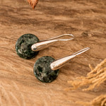 Jade drop earrings, 'Green Circle of Love' - Modern Green Jade Silver Drop Earrings with Circle Motif