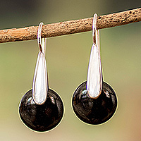 Jade drop earrings, 'Black Circle of Love' - Minimalist Silver Drop Earrings with Black Jade Stones