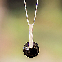 Jade pendant necklace, 'Black Circle of Love' - Minimalist Silver Necklace with Round Black Jade Pendant