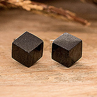 Jade button earrings, 'Black Cube' - Cube Square Shaped Modern Black Jade Silver Button Earrings