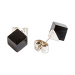Jade button earrings, 'Black Cube' - Cube Square Shaped Modern Black Jade Silver Button Earrings