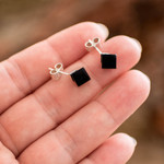 Jade button earrings, 'Black Cube' - Cube Square Shaped Modern Black Jade Silver Button Earrings