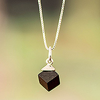 Jade pendant necklace, 'Black Cube' - Minimalist Cube Square Black Jade Silver Pendant Necklace