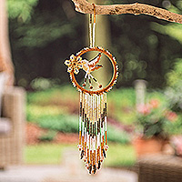 Glass and crystal beaded dreamcatcher, 'Glowing Nature' - Handcrafted Hummingbird-Themed Beaded Dreamcatcher